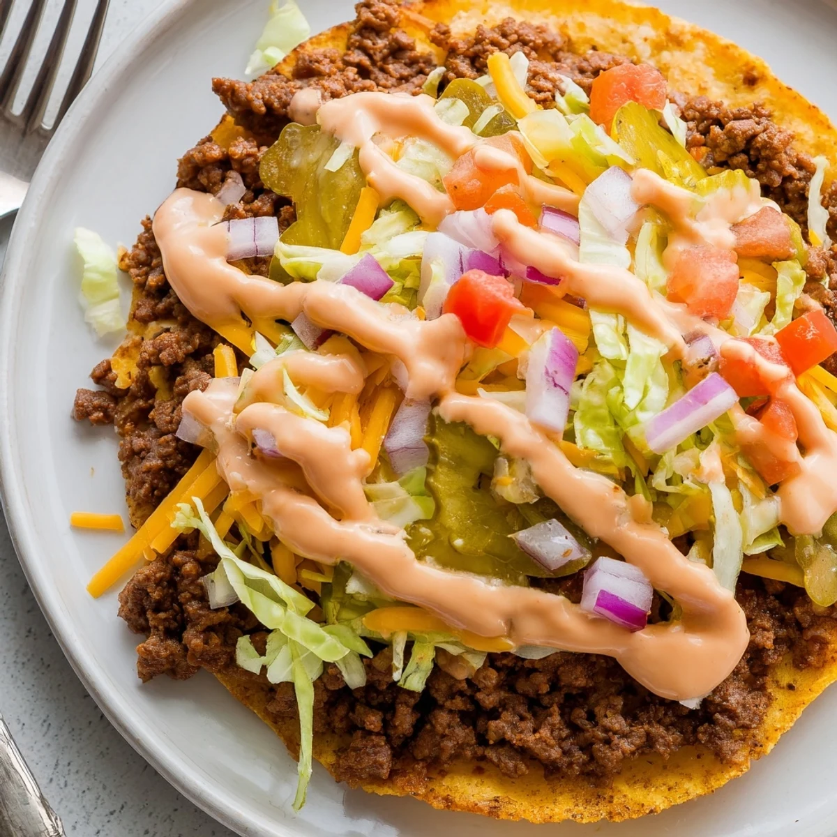 Juicy smashed beef layered in flour tortillas with crisp lettuce and diced pickles