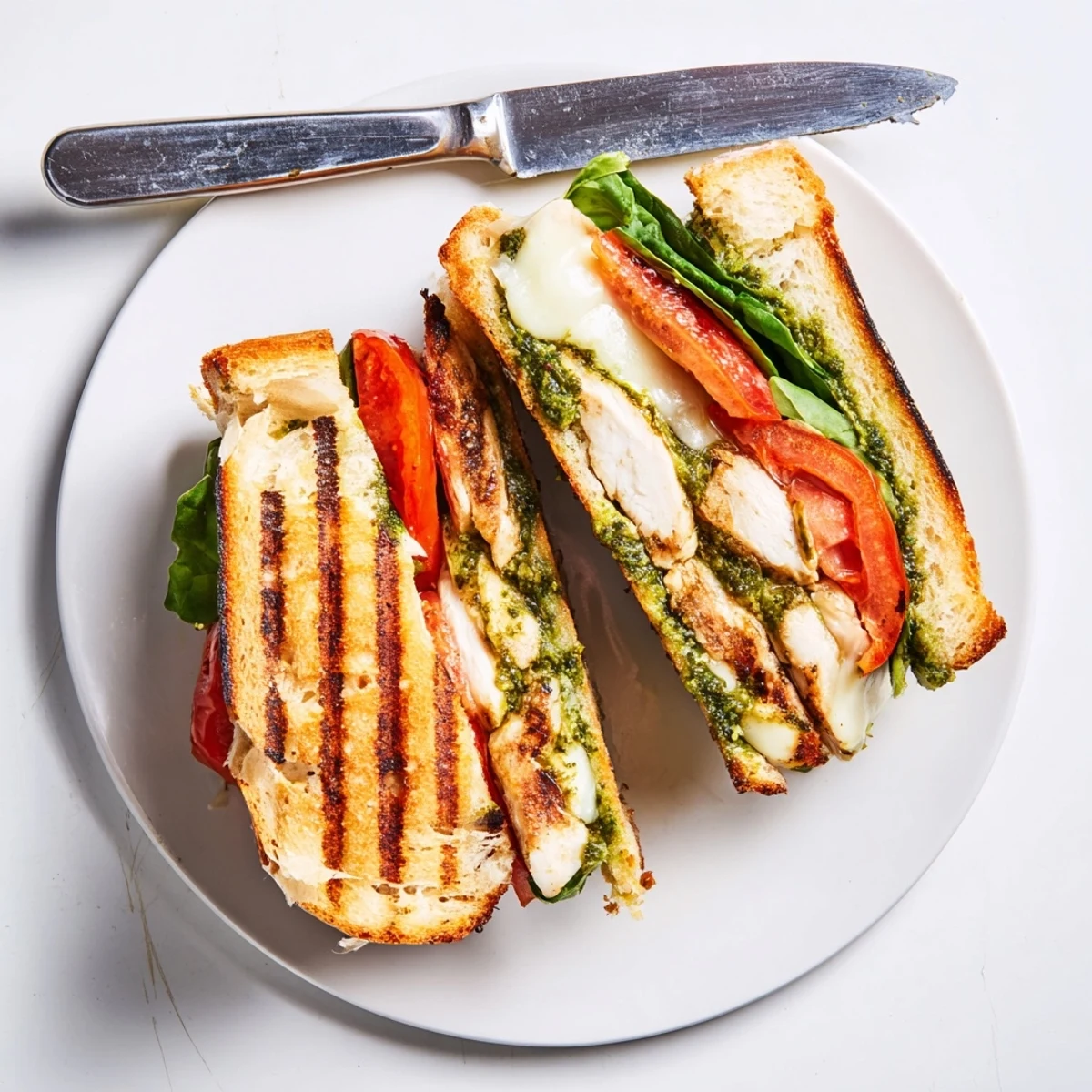Golden grilled chicken with melted mozzarella on this chicken pesto sandwich recipe.