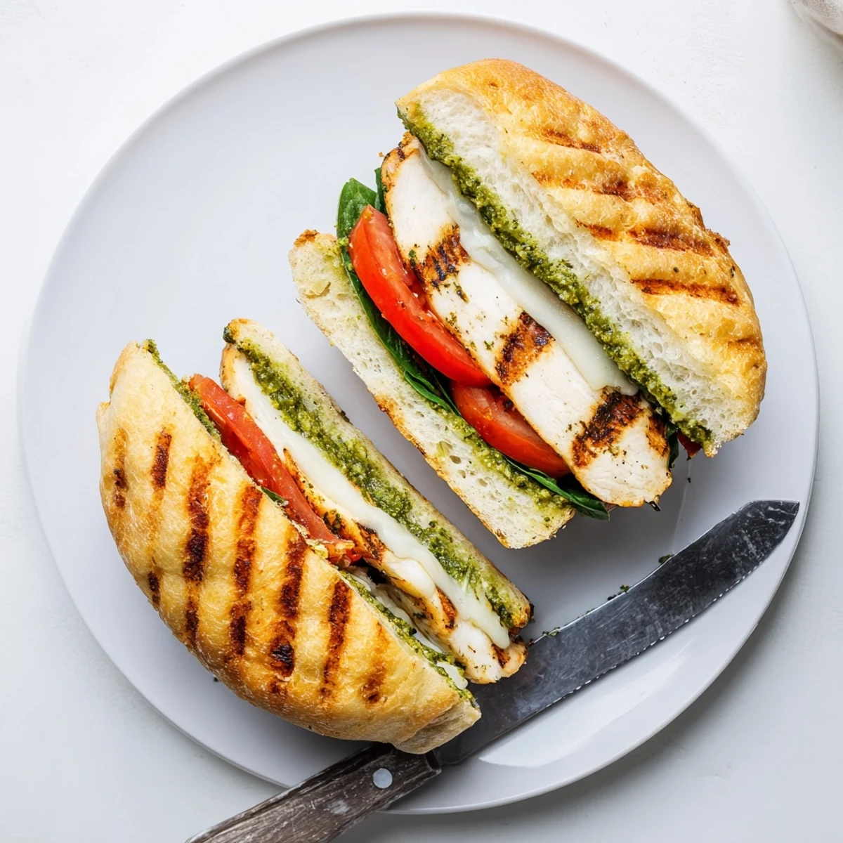 Warm sliced tomato and basil pesto top this chicken pesto sandwich recipe.