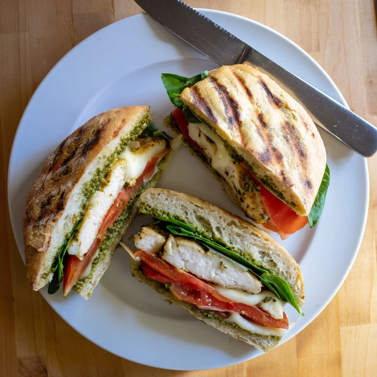 Toasted ciabatta stacked with juicy chicken in a chicken pesto sandwich recipe.