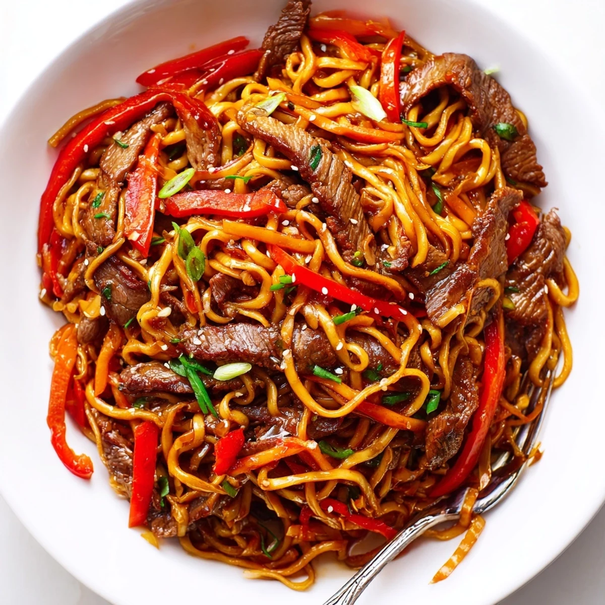 Sticky Beef Noodles glistening with glossy sauce, tender beef, toasted sesame seeds
