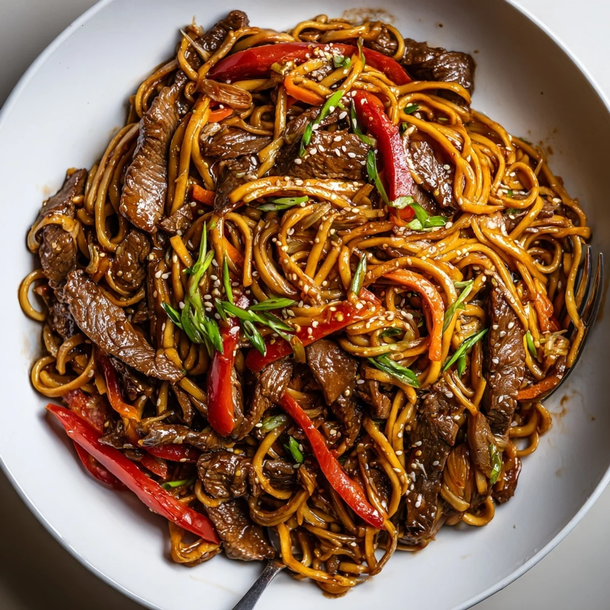 Steaming Sticky Beef Noodles in a wok, glossy sauce and crisp bell pepper