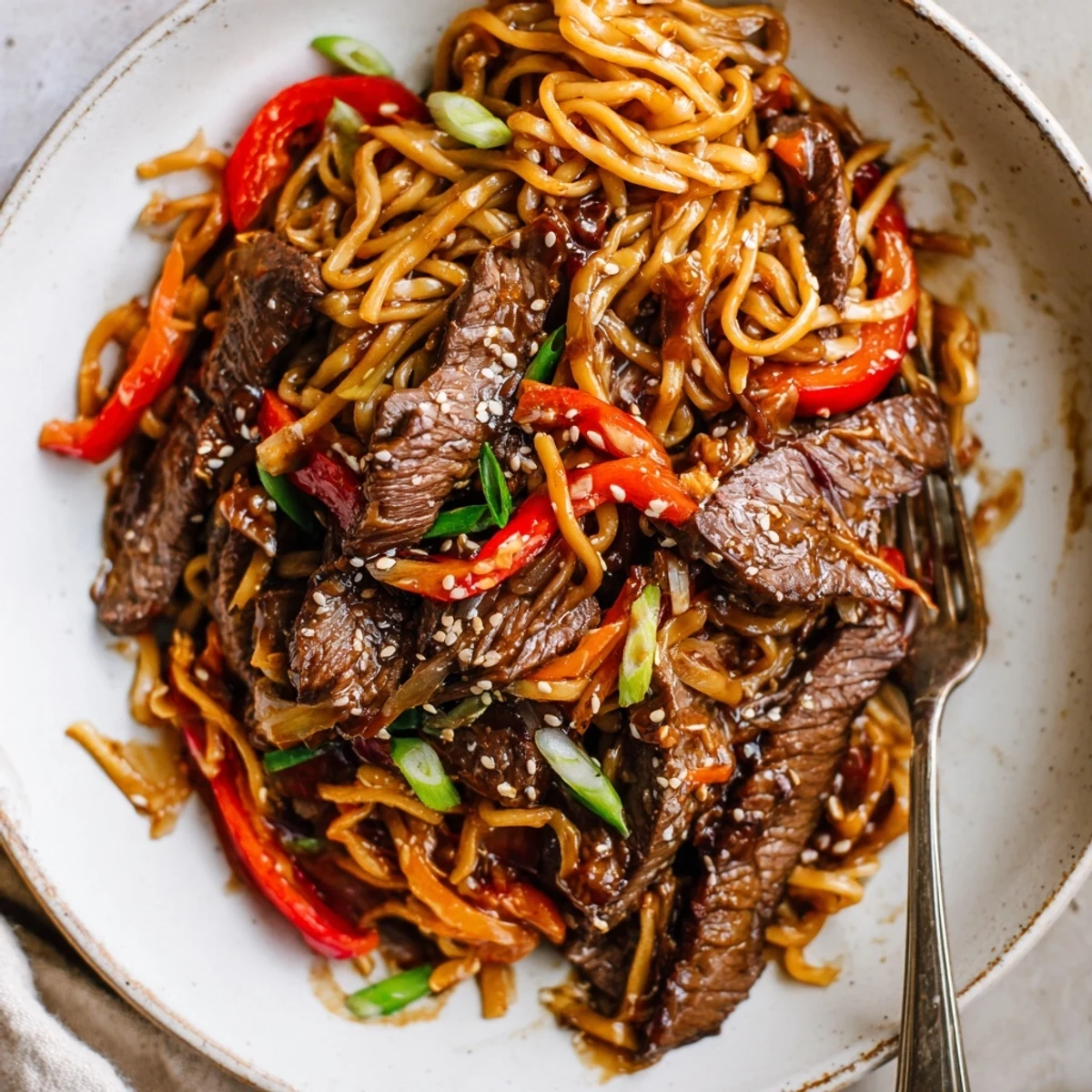 Weeknight Sticky Beef Noodles tossed with honeyed sauce, garlic aroma, fresh cilantro