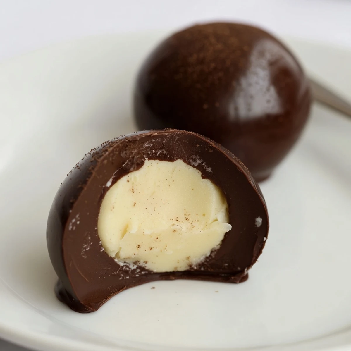 Dark Chocolate Eggnog Truffles on parchment, glossy shells dusted with nutmeg
