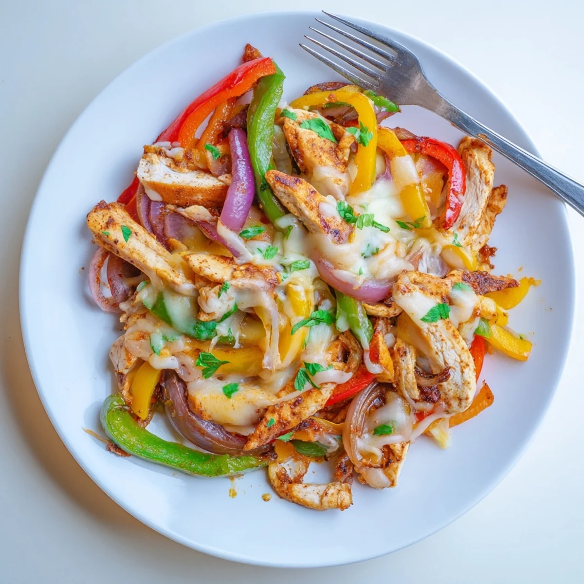 Cheesy Baja Chicken Bell Pepper Skillet with bubbling melted cheese and charred peppers