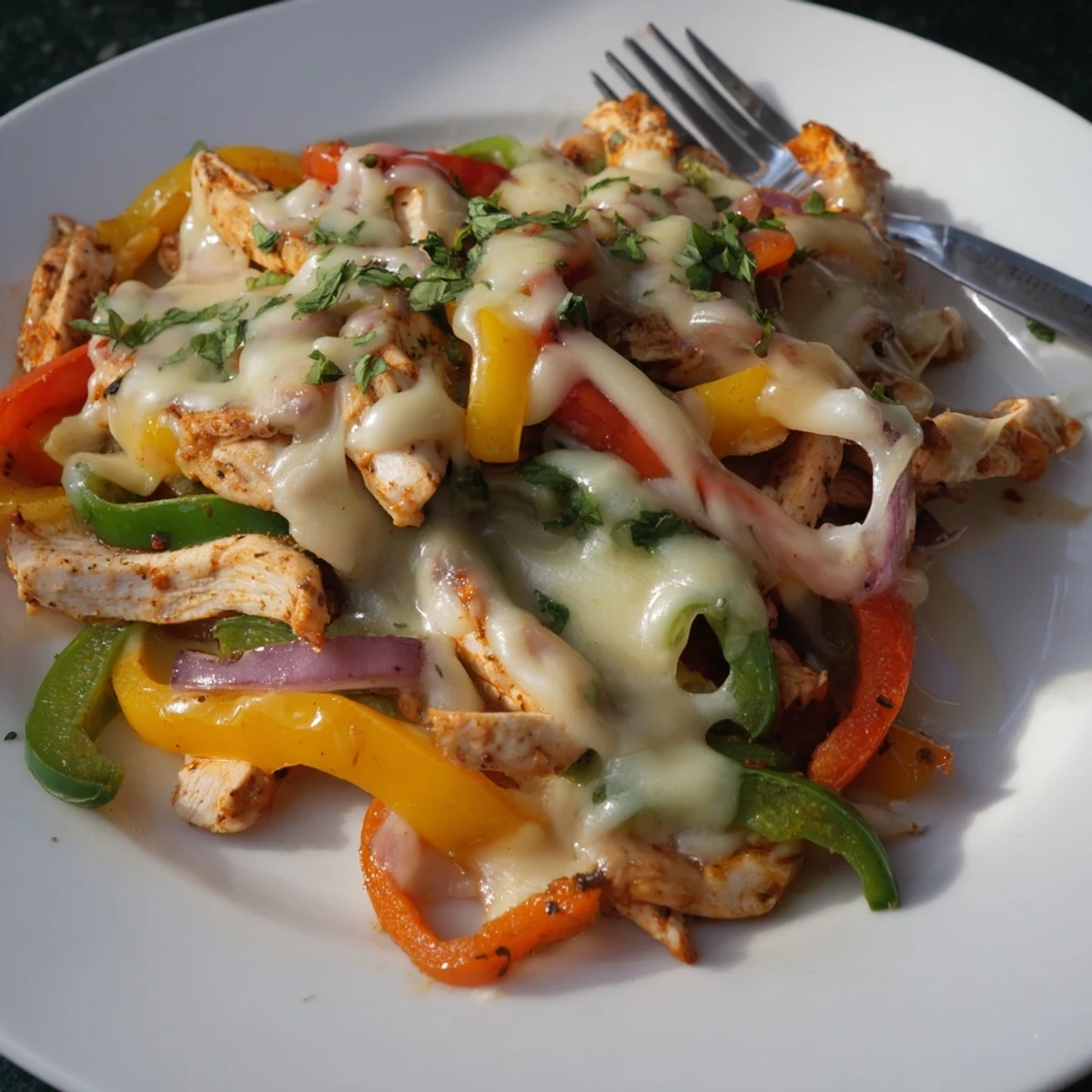 Sizzling Cheesy Baja Chicken Bell Pepper Skillet topped with cilantro, lime, warm tortillas