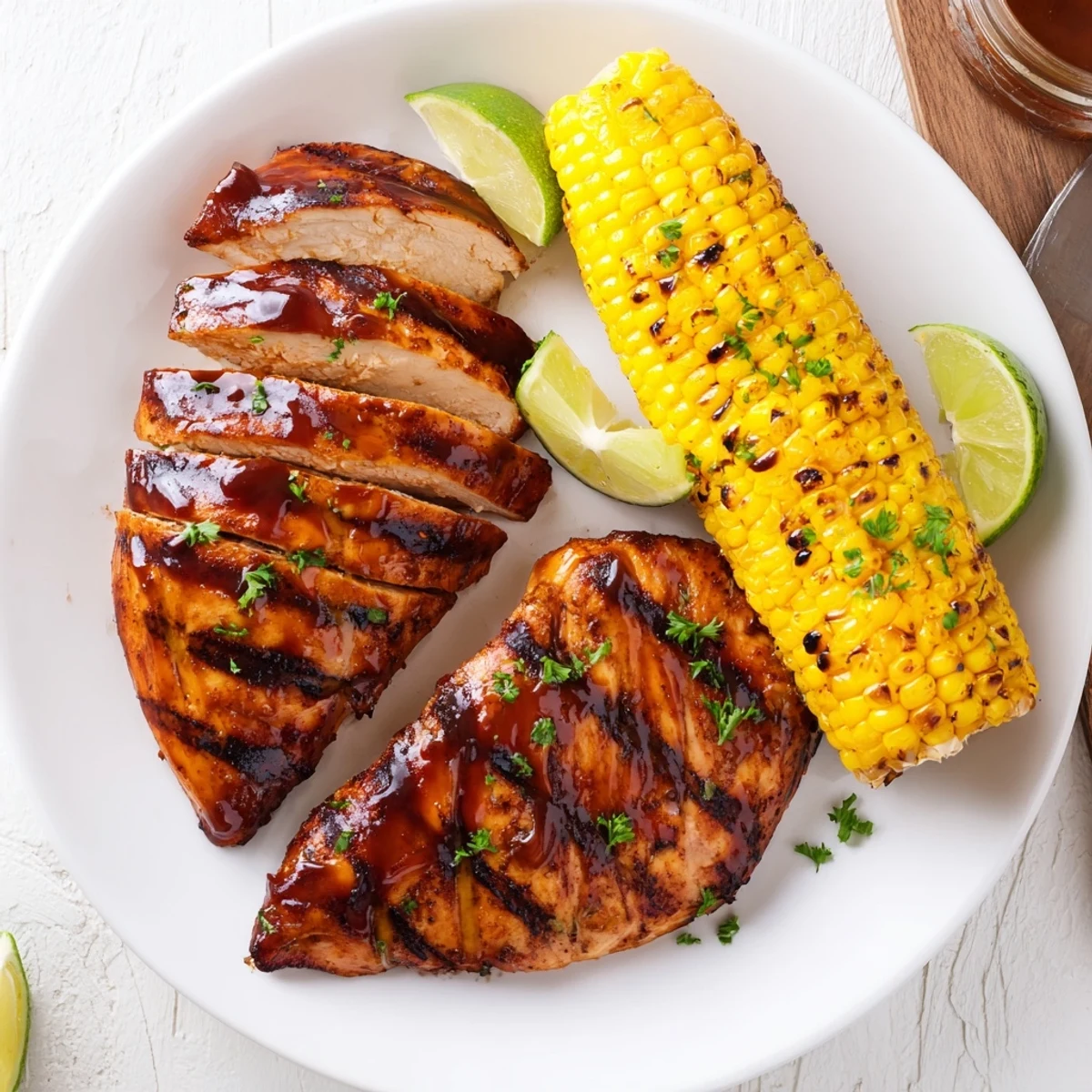 Slices of BBQ Chicken With Corn resting beside lime wedges and chopped parsley  