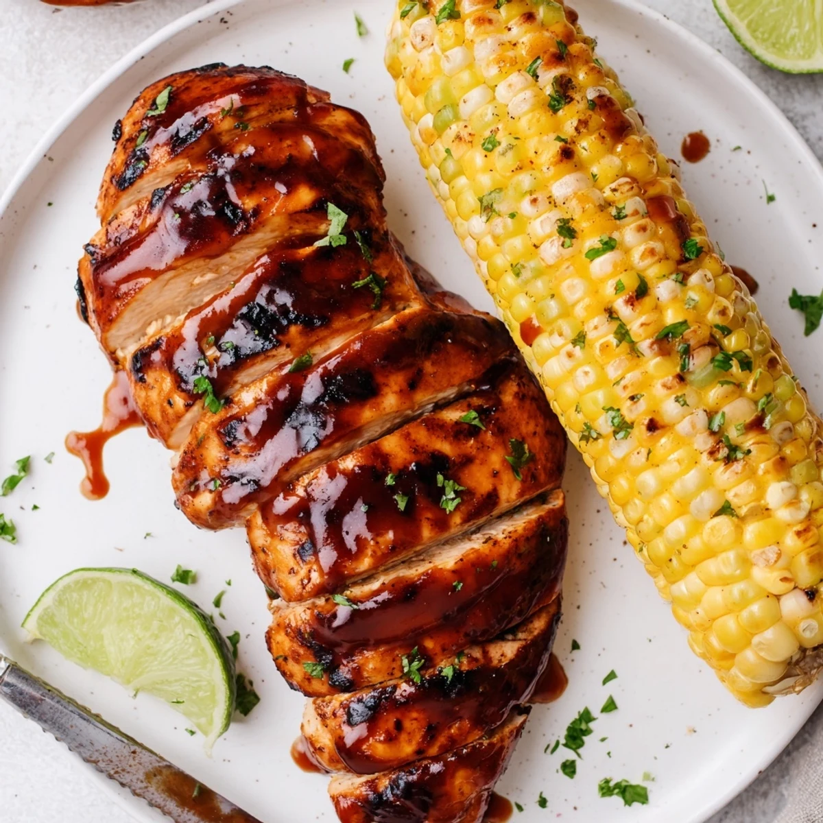 Charred, juicy BBQ Chicken With Corn plated with tangy coleslaw and lime