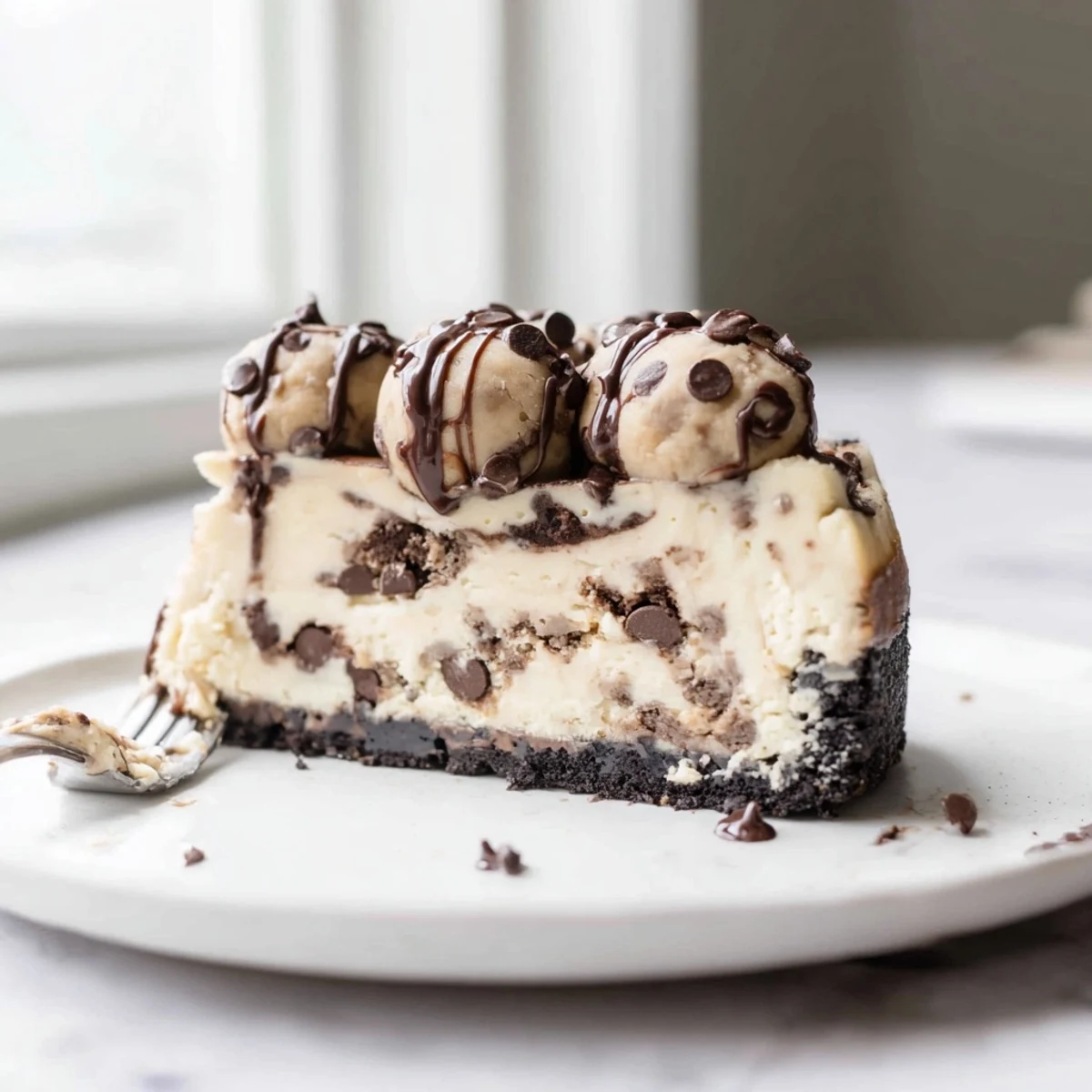 Chocolate Chip Cookie Dough Cheesecake with gooey cookie dough pockets and glossy chips