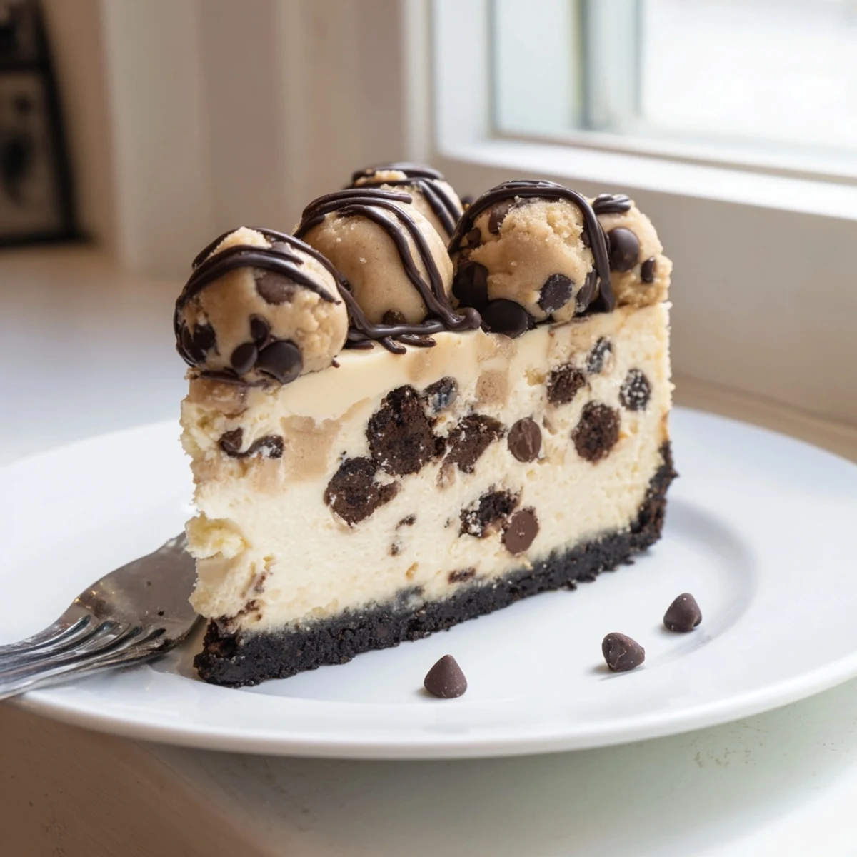 Rustic Chocolate Chip Cookie Dough Cheesecake with crisp chocolate crust and warm vanilla-scented filling