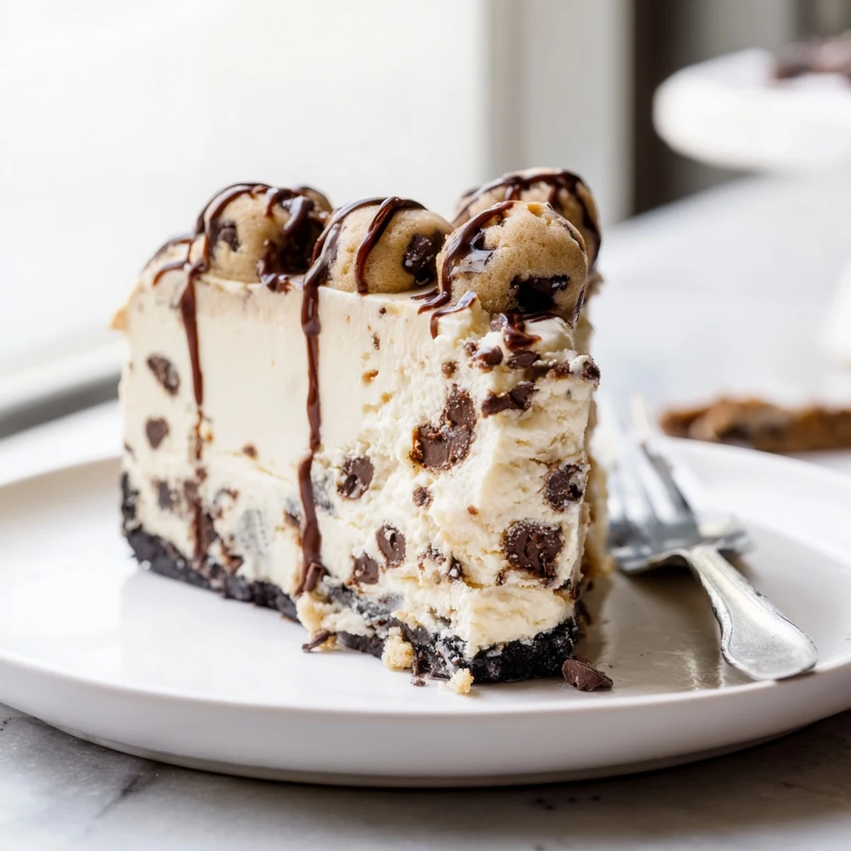 Slice of Chocolate Chip Cookie Dough Cheesecake chilled on plate, drizzled with chocolate sauce