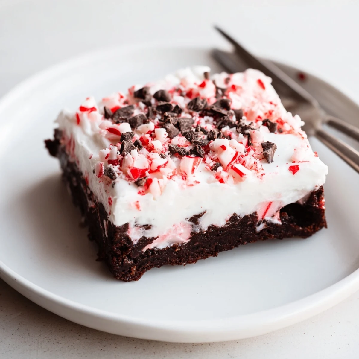 Peppermint Poke Cake topped with fluffy whipped cream and crushed candies