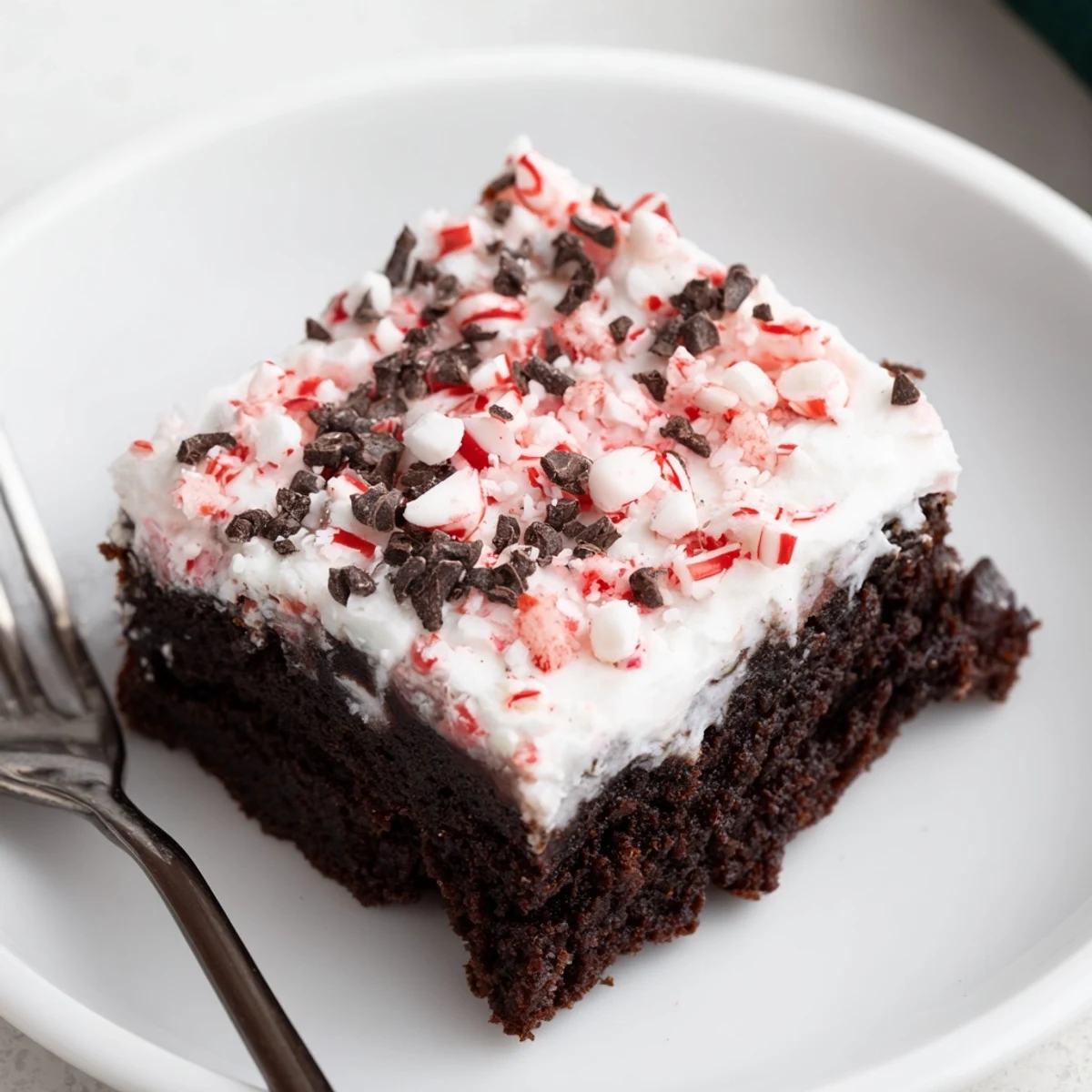Sliced Peppermint Poke Cake chilling on pan, minty pudding filling visible