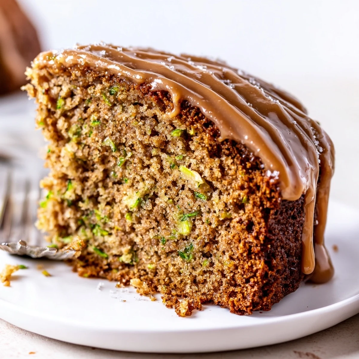Sliced Zucchini Cake With Brown Sugar Icing served with coffee, nutty crumbs  