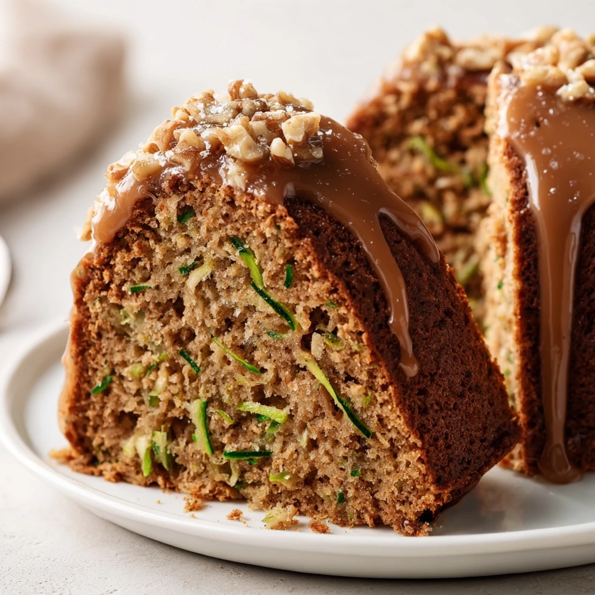 Home-baked Zucchini Cake With Brown Sugar Icing showing moist crumb and drizzle