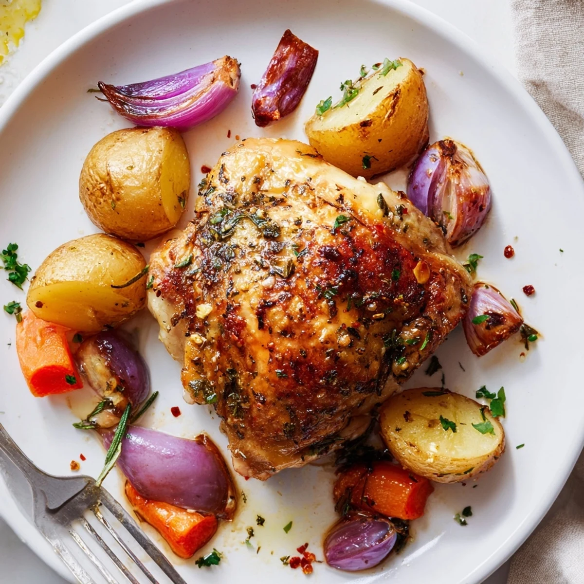 Sheet Pan Chicken And Potatoes with golden crispy skin and herb aroma