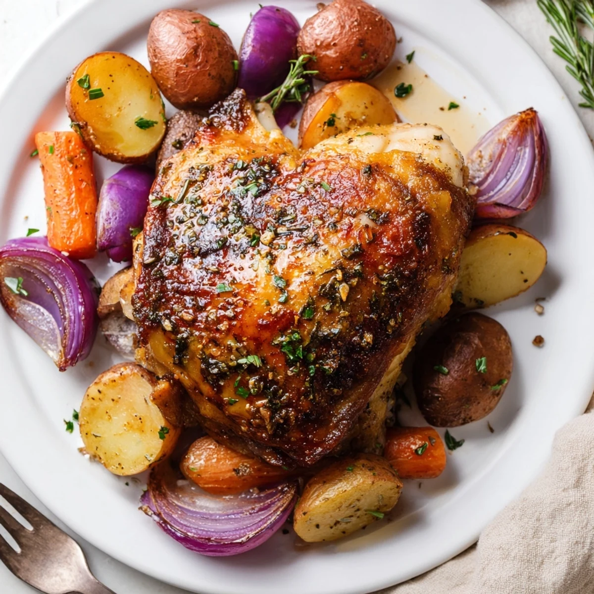 Family-style Sheet Pan Chicken And Potatoes roasted on parchment for easy cleanup