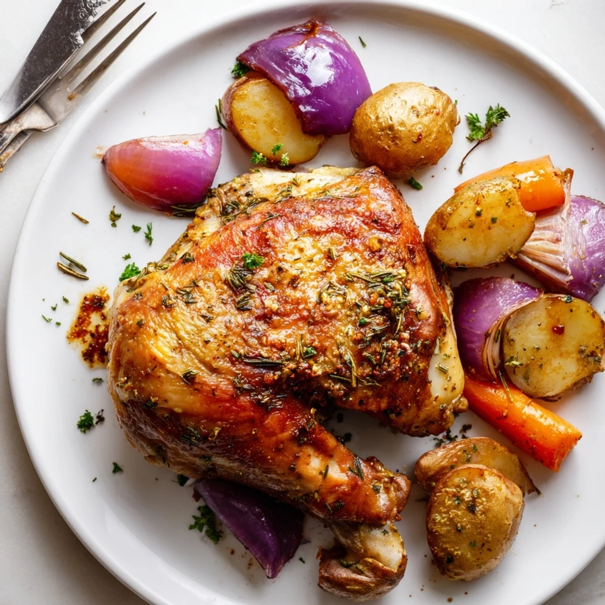 Warm Sheet Pan Chicken And Potatoes served with chopped parsley and fork-tender potatoes