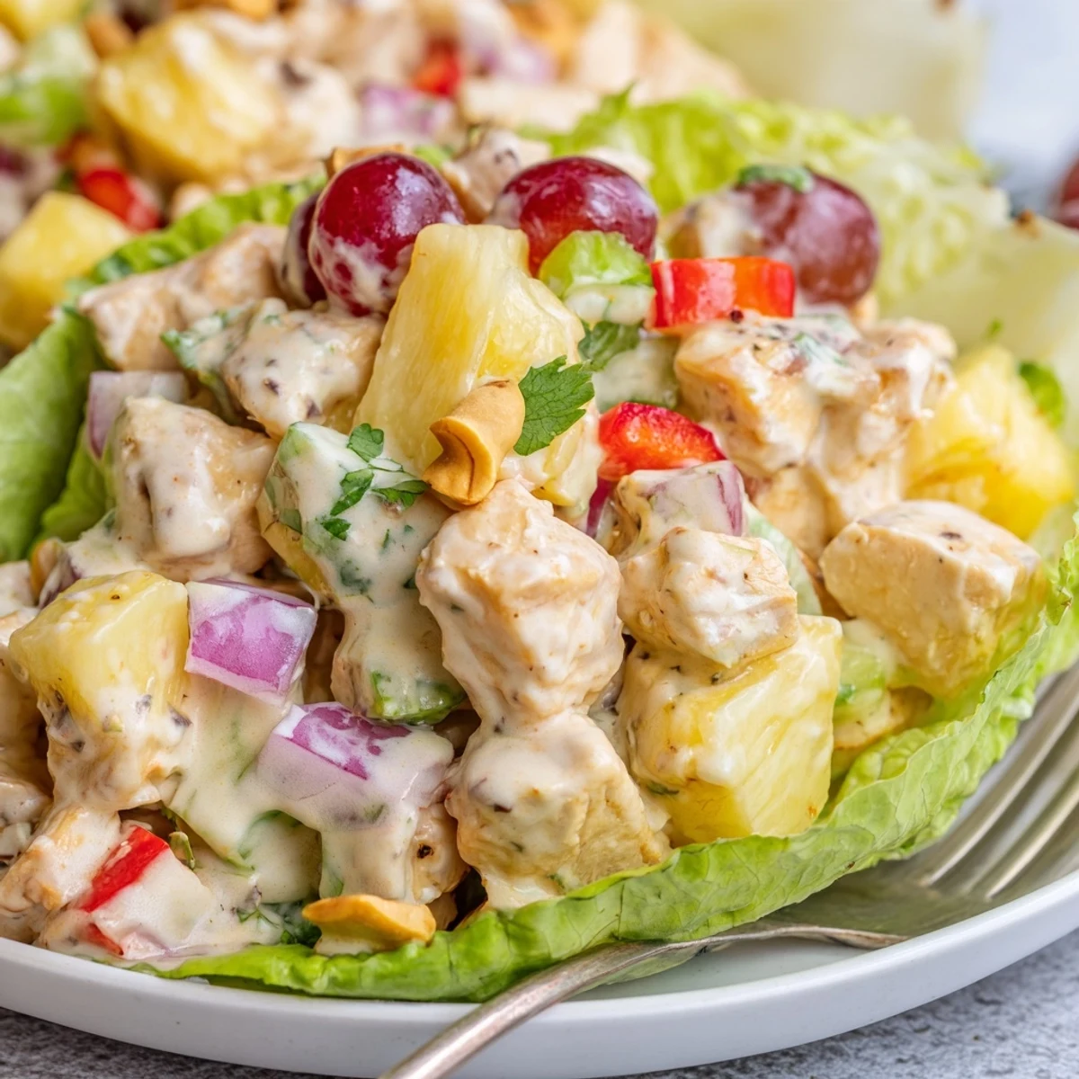 Bright Hawaiian Chicken Salad Recipe tossed with crunchy celery, grapes, and macadamias