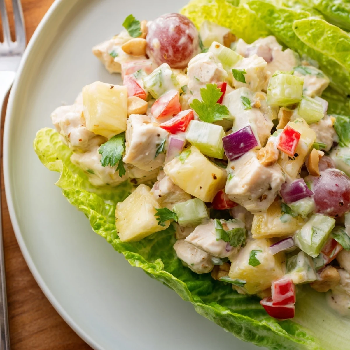 Chilled Hawaiian Chicken Salad Recipe served on butter lettuce for a summer lunch
