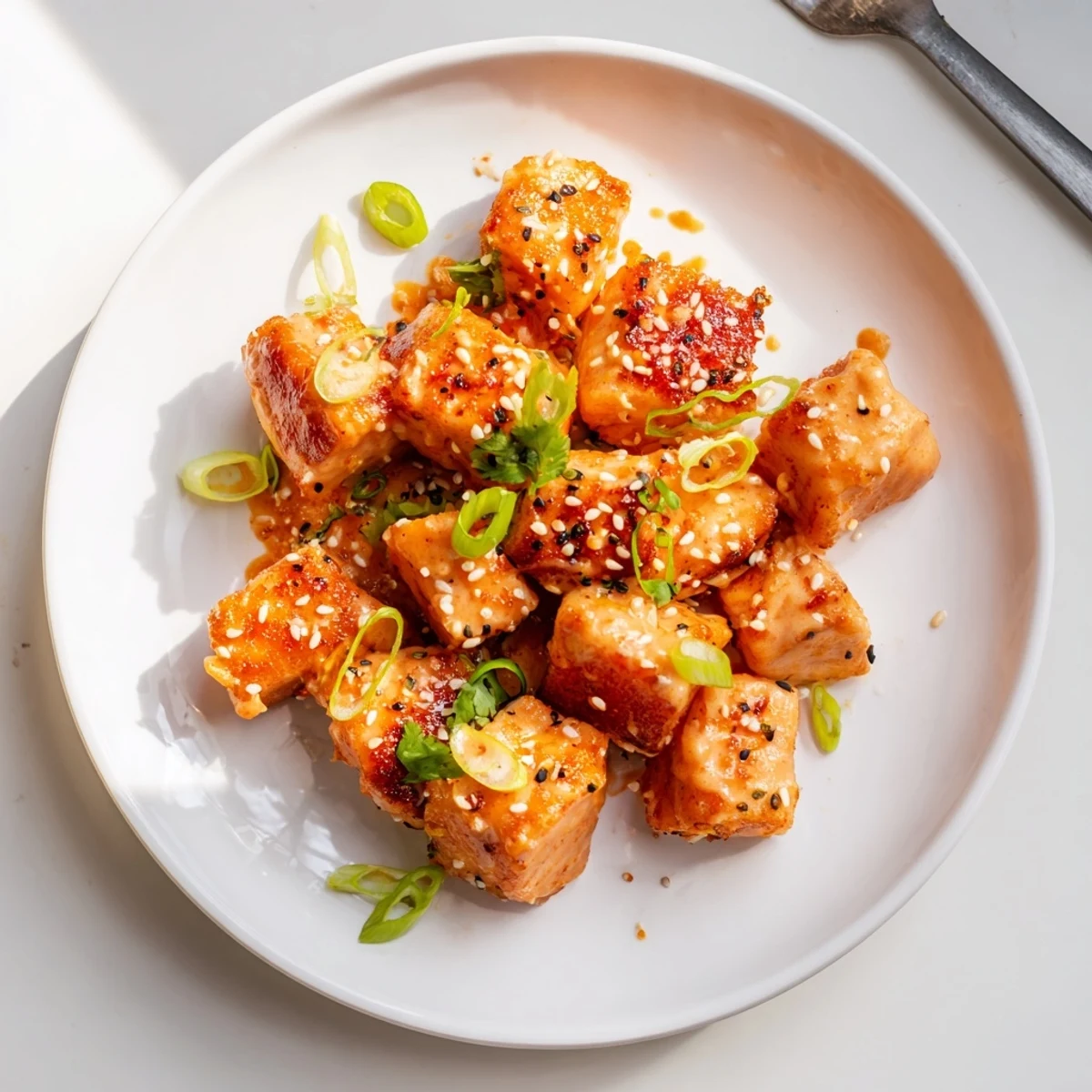 Crispy Bang Bang Salmon Bites glistening with spicy creamy sauce and scallions