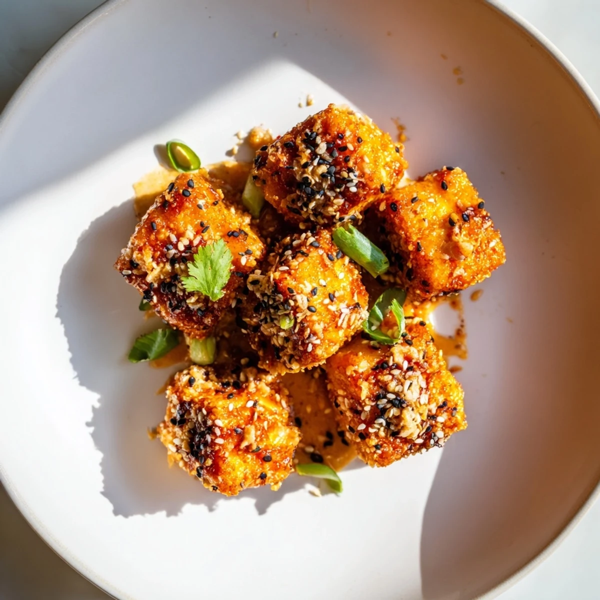 Pan fried Bang Bang Salmon Bites piled on jasmine rice, sesame sprinkled