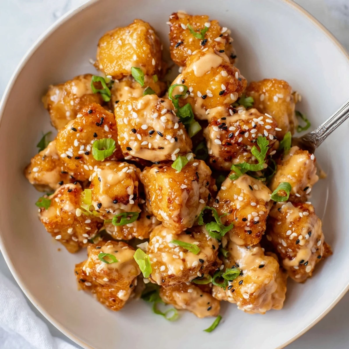 Bang Bang Salmon Bites recipe shows golden crust, saucy heat, cilantro garnish