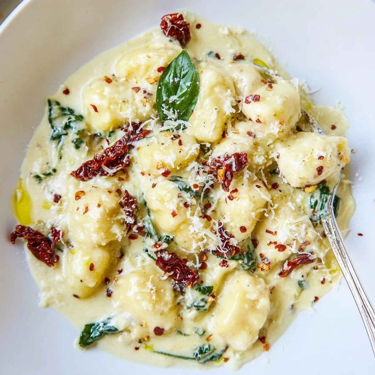 Creamy Marry Me Gnocchi with sun-dried tomatoes and fragrant basil, steaming