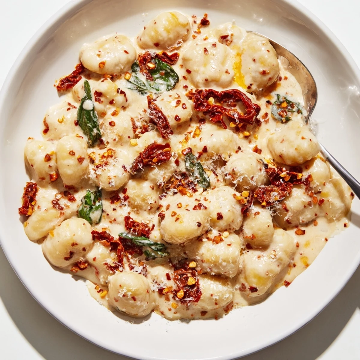 Garlicky Marry Me Gnocchi piled on plate with basil flecks and melted cheese