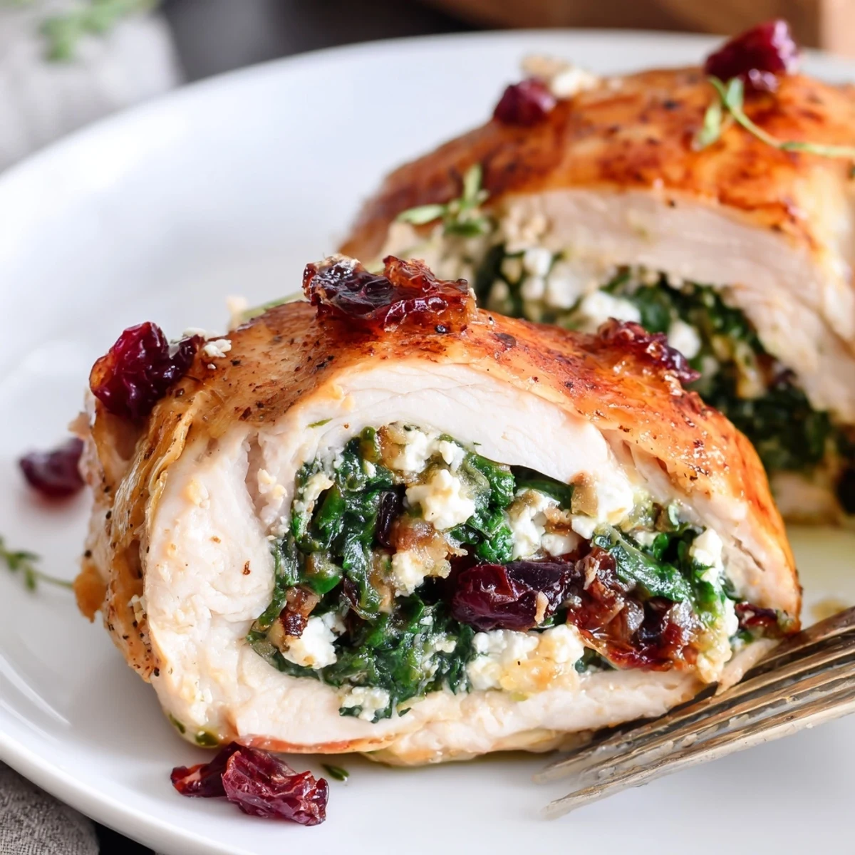 Cranberry Spinach Stuffed Chicken Breasts, golden-baked and oozing creamy spinach filling