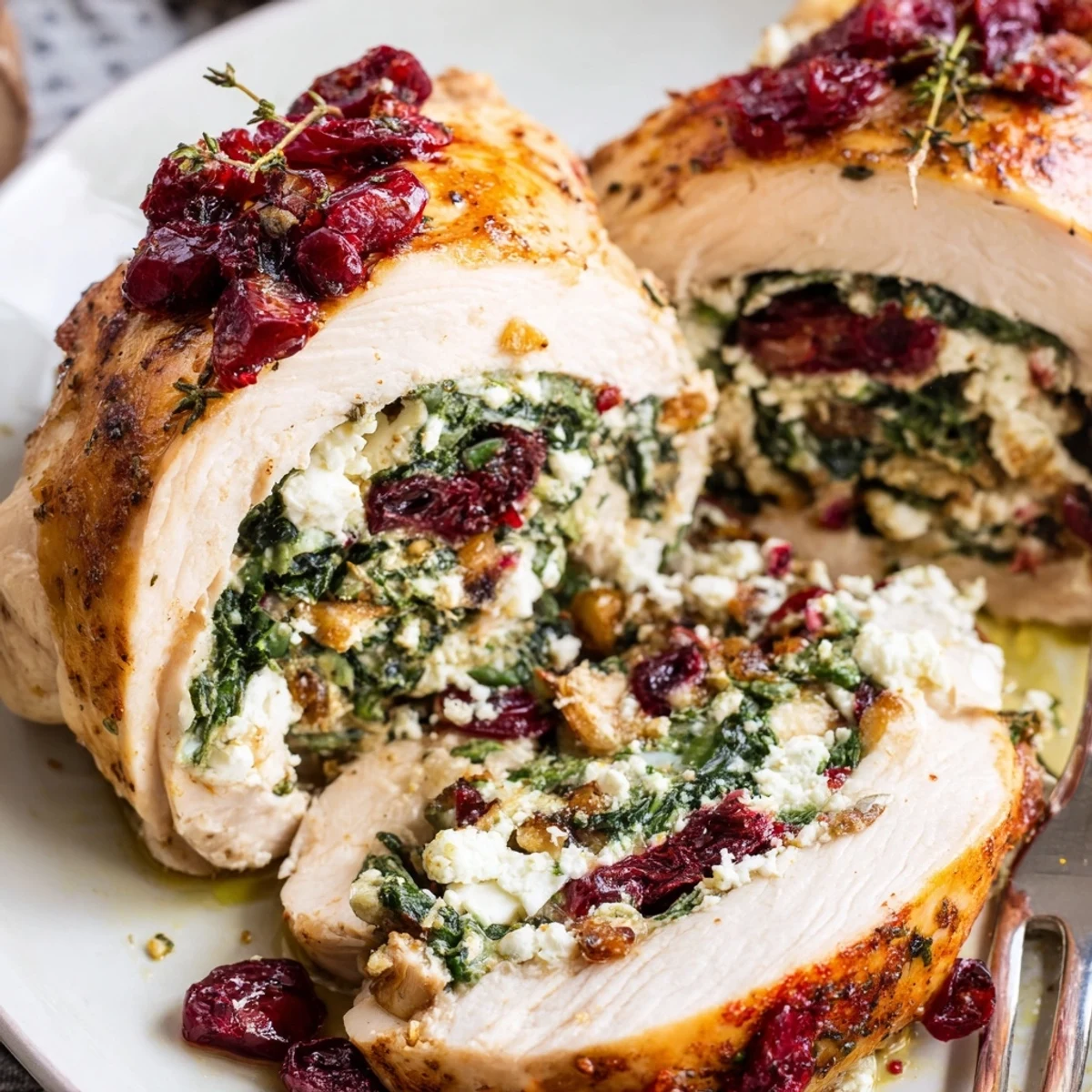 Sliced Cranberry Spinach Stuffed Chicken Breasts revealing tart cranberries and melted cheese