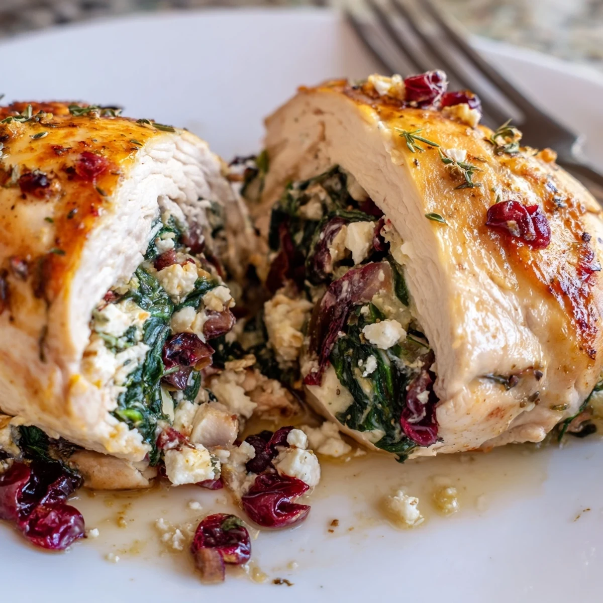Warm Cranberry Spinach Stuffed Chicken Breasts on plate with roasted vegetables