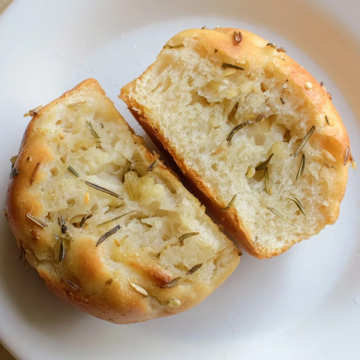 Warm Garlic Rosemary Focaccia Muffins served with soup or salad, rosemary garnish