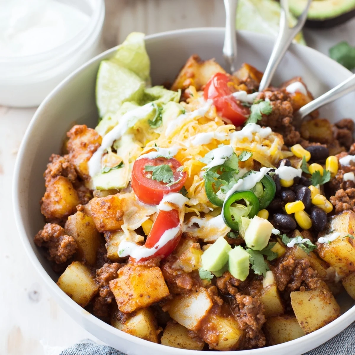 Loaded Potato Taco Bowl showcasing crispy roasted potatoes, melty cheddar, fresh cilantro