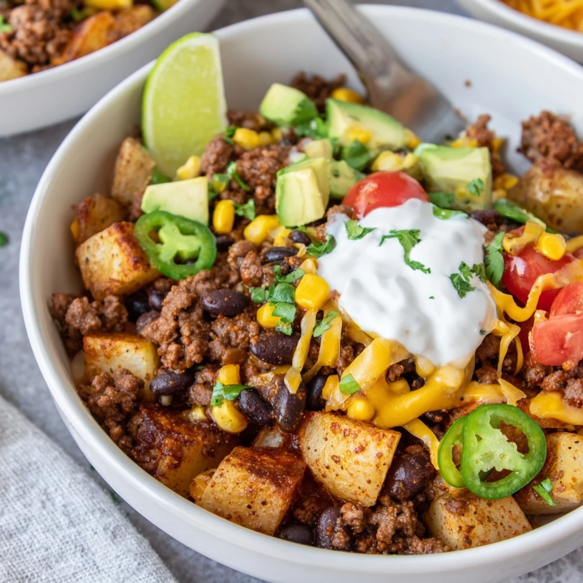 Warm Loaded Potato Taco Bowl topped with seasoned beef, avocado, creamy sour cream