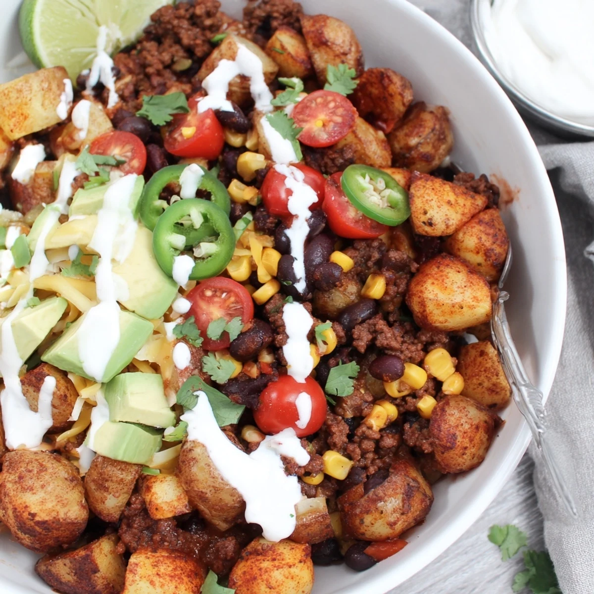 Hearty Loaded Potato Taco Bowl garnished with jalapeños, black beans, lime wedge
