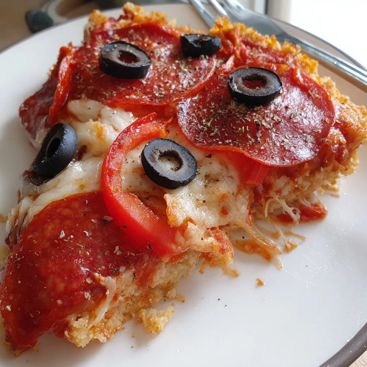 Keto Pizza With Crispy Low Carb Crust golden edges, bubbling mozzarella, pepperoni slices  