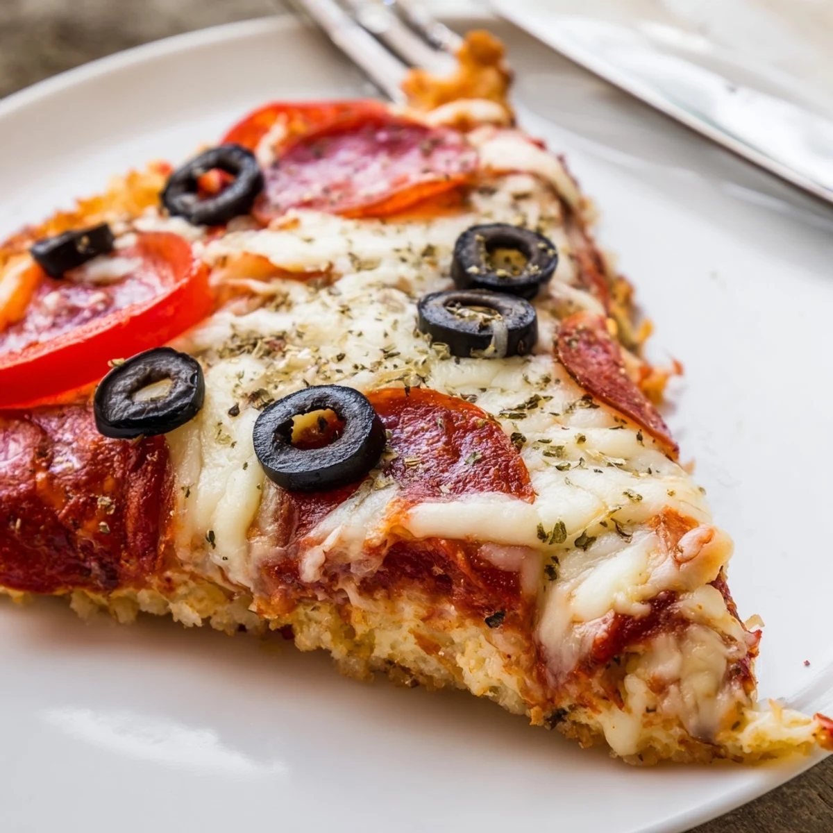 Hearty Keto Pizza With Crispy Low Carb Crust on parchment, bubbling cheese pull