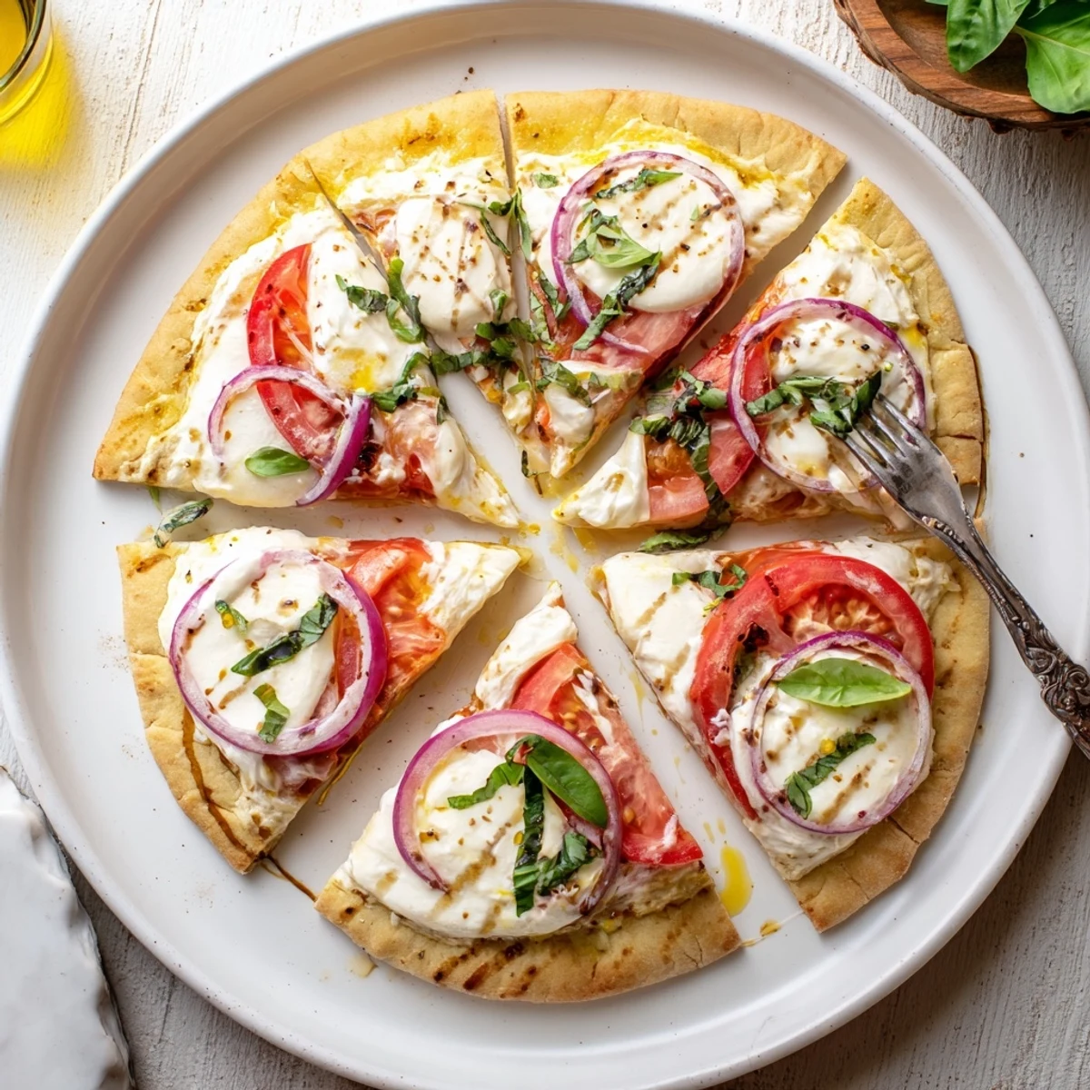 Oven-baked Caprese Pita Pizza With Whipped Garlic Feta topped with fresh basil