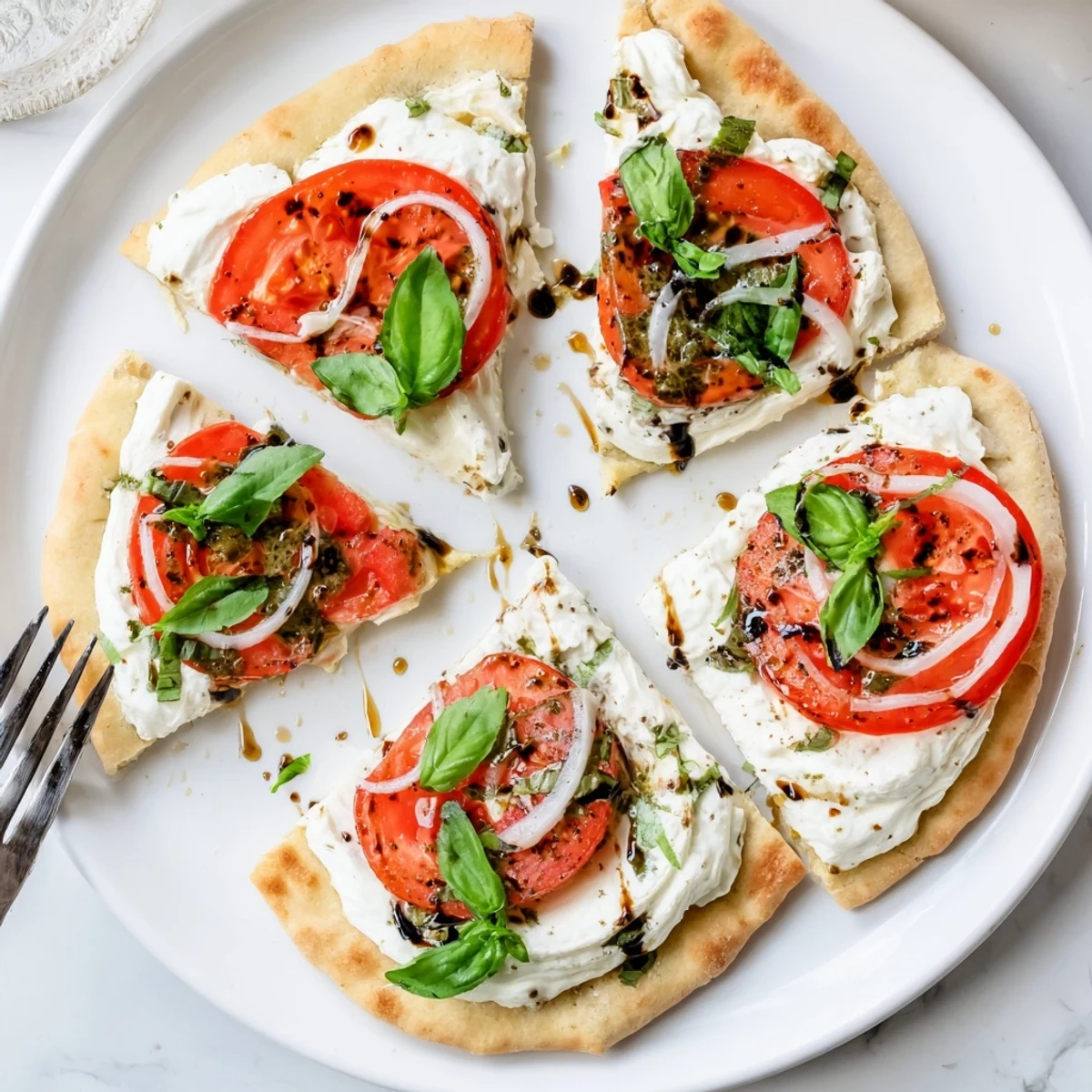 Caprese Pita Pizza With Whipped Garlic Feta, golden edges and bubbling mozzarella