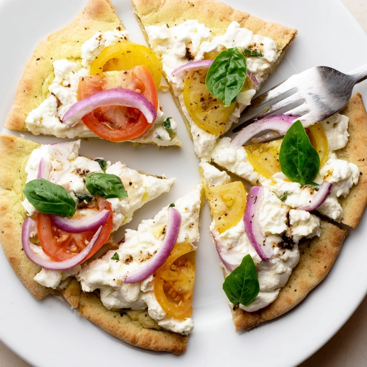 Warm Caprese Pita Pizza With Whipped Garlic Feta drizzled balsamic, juicy tomatoes