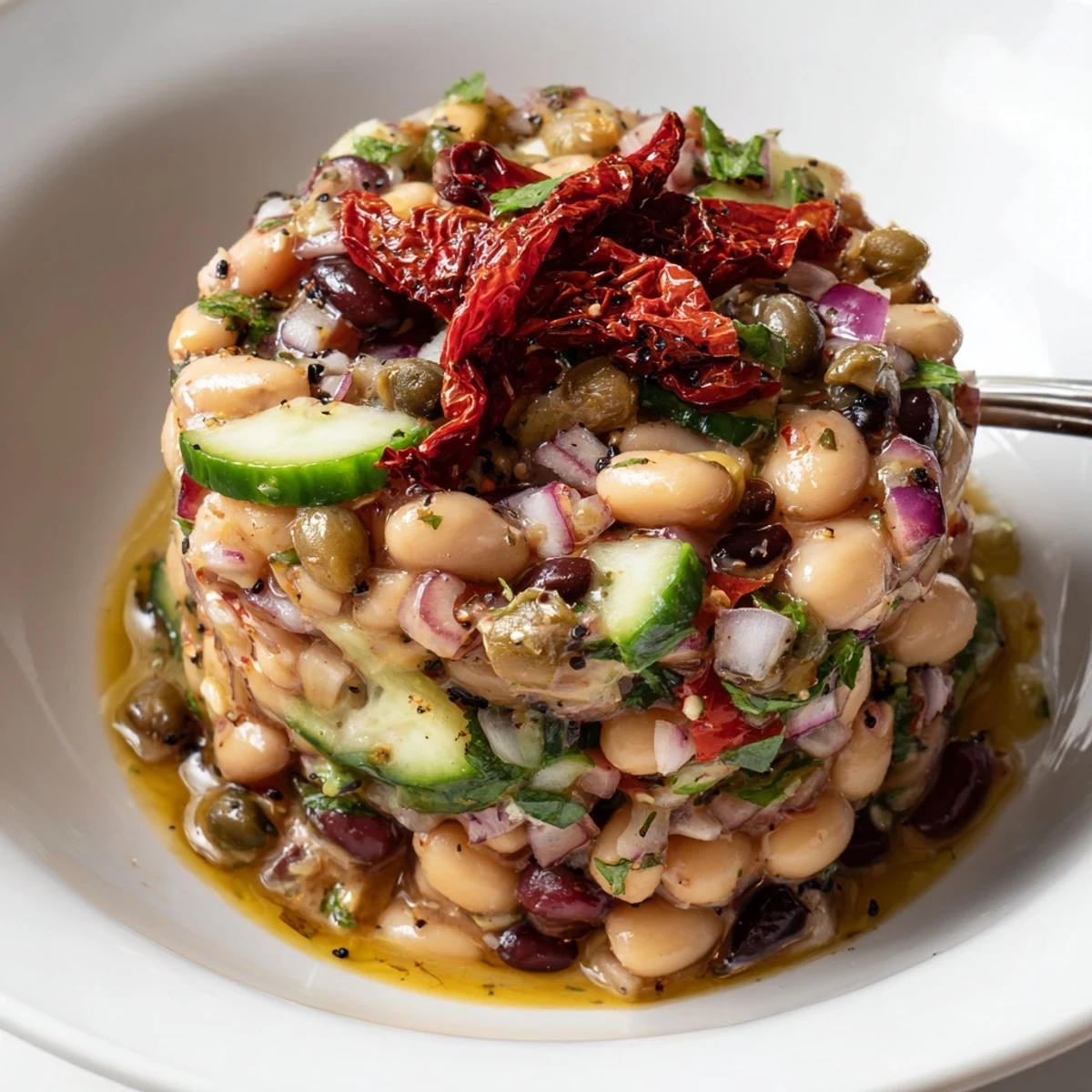Dense Bean Salad With Sun Dried Tomatoes, tangy, colorful, tossed with fresh herbs.