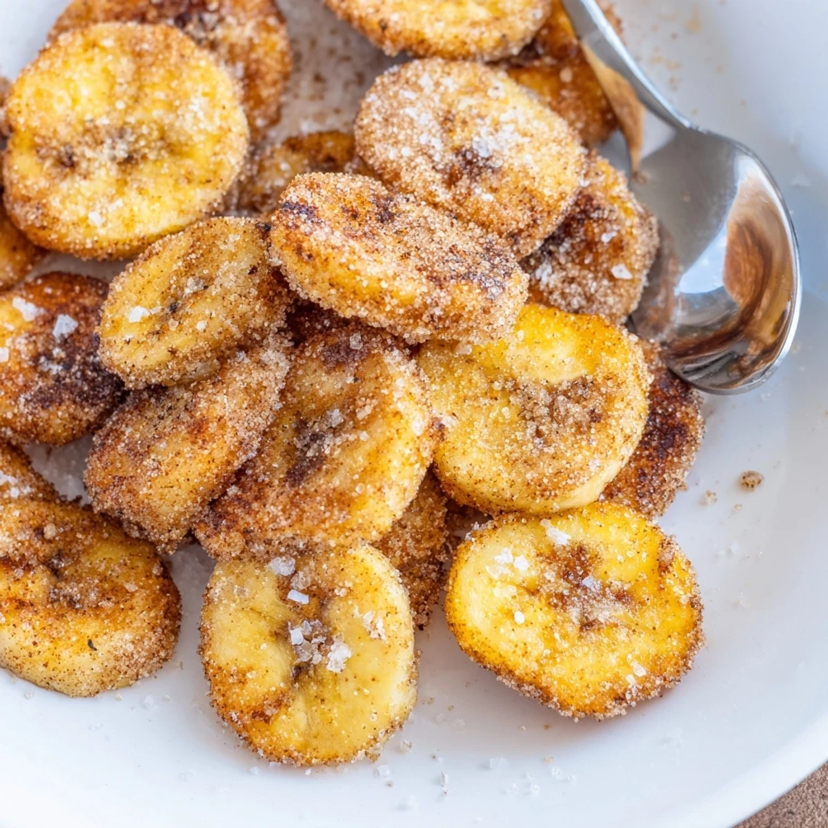 Warm Crispy Cinnamon Sugar Air Fryer Banana Chips cooling on parchment