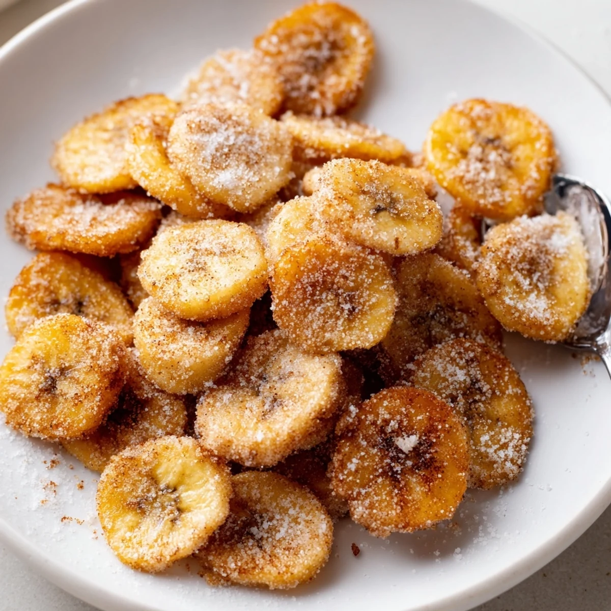 Bowl of Crispy Cinnamon Sugar Air Fryer Banana Chips, perfect healthy snack