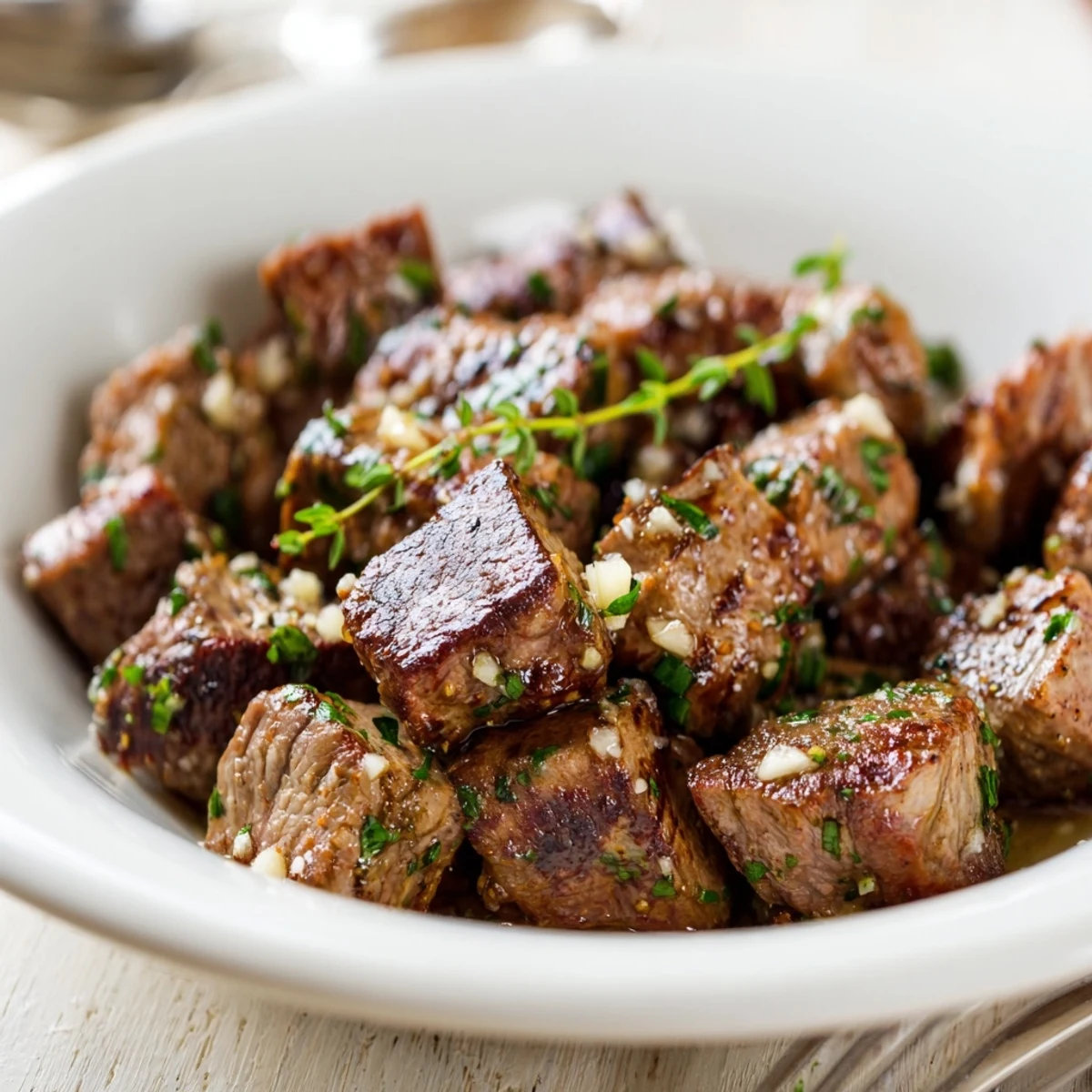 Pan-seared Garlic Butter Steak Bites, crusty edges and bright parsley garnish