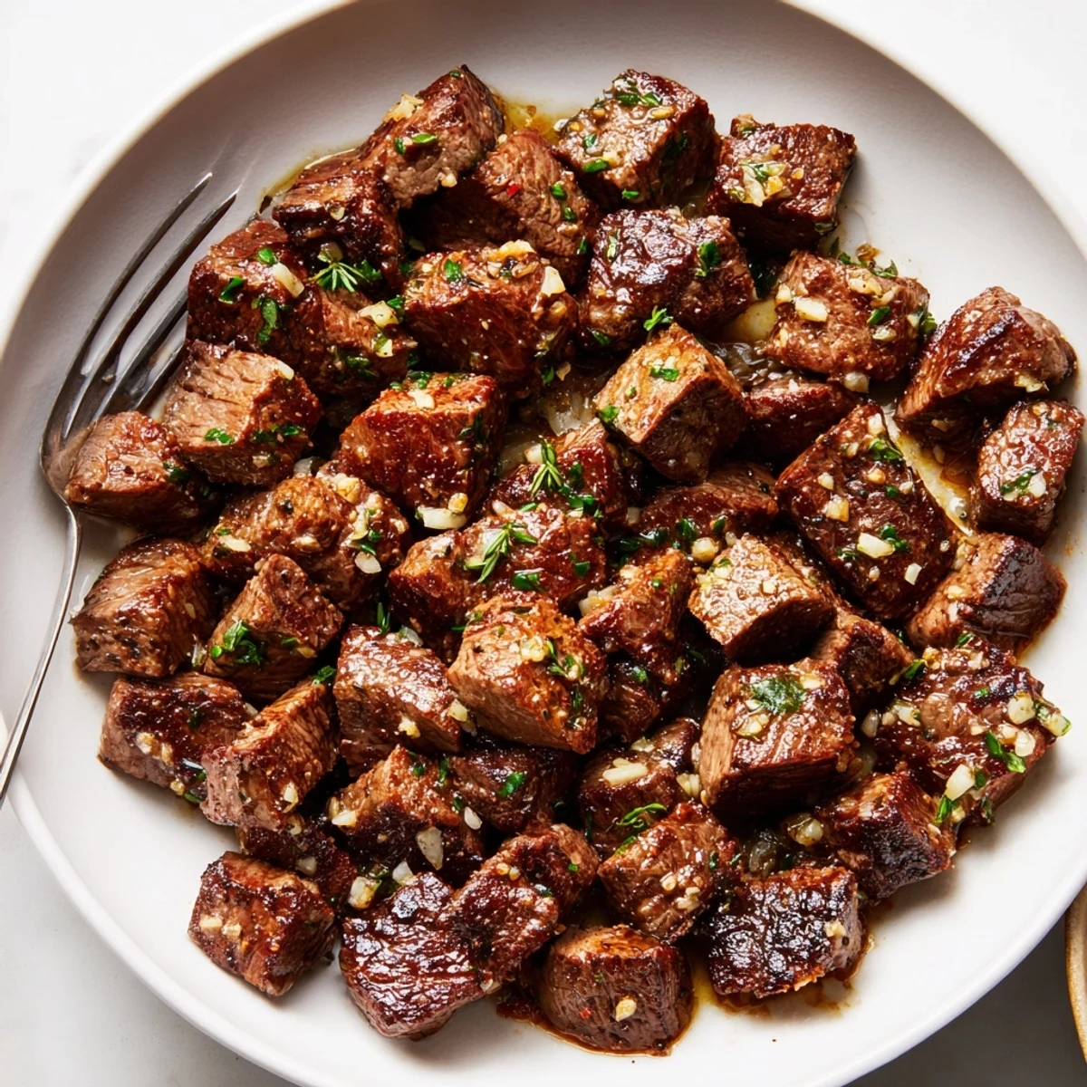 Warm Garlic Butter Steak Bites piled over mashed potatoes, fragrant garlic aroma