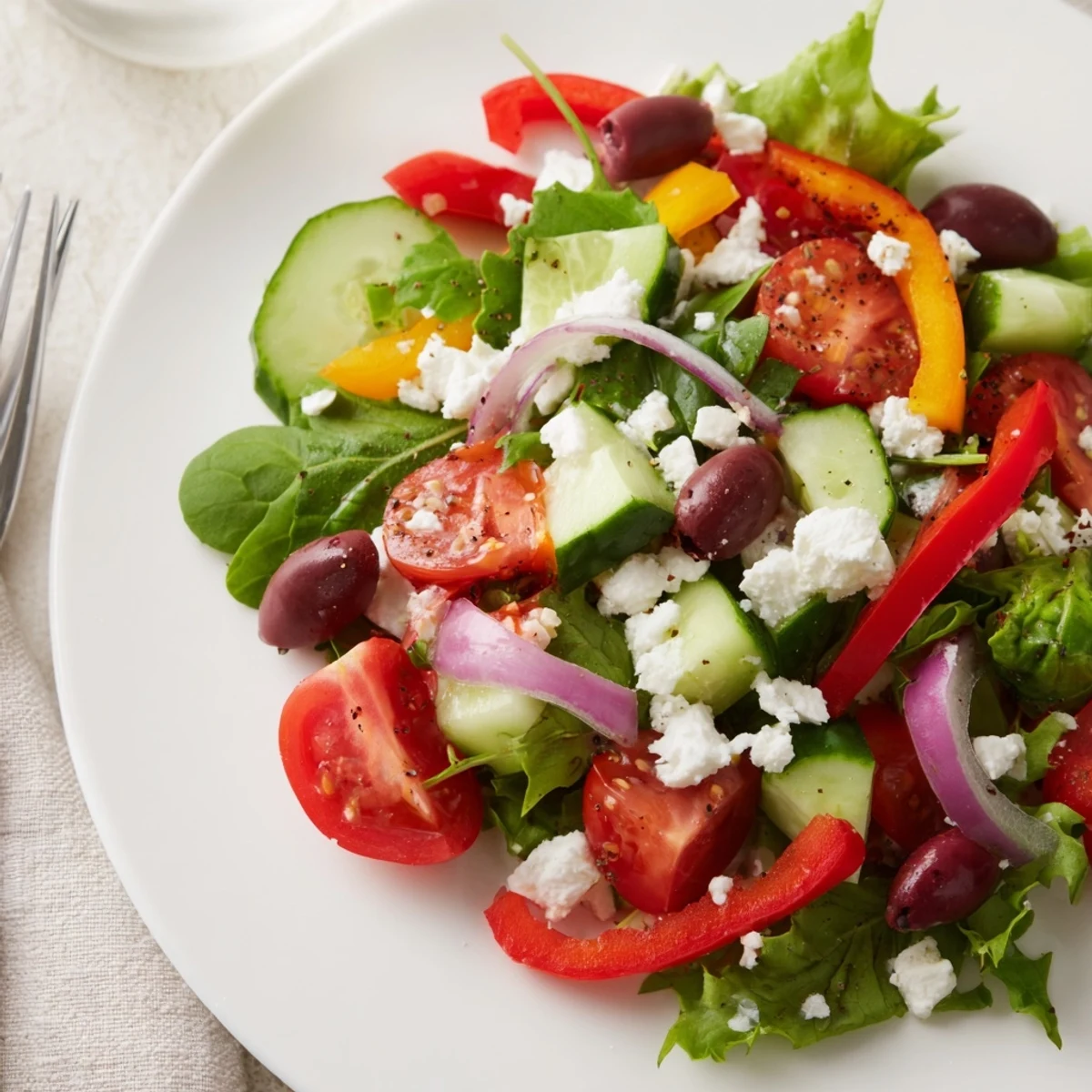 Bright Fresh Salad Recipe tossed with feta, olives, and zesty vinaigrette