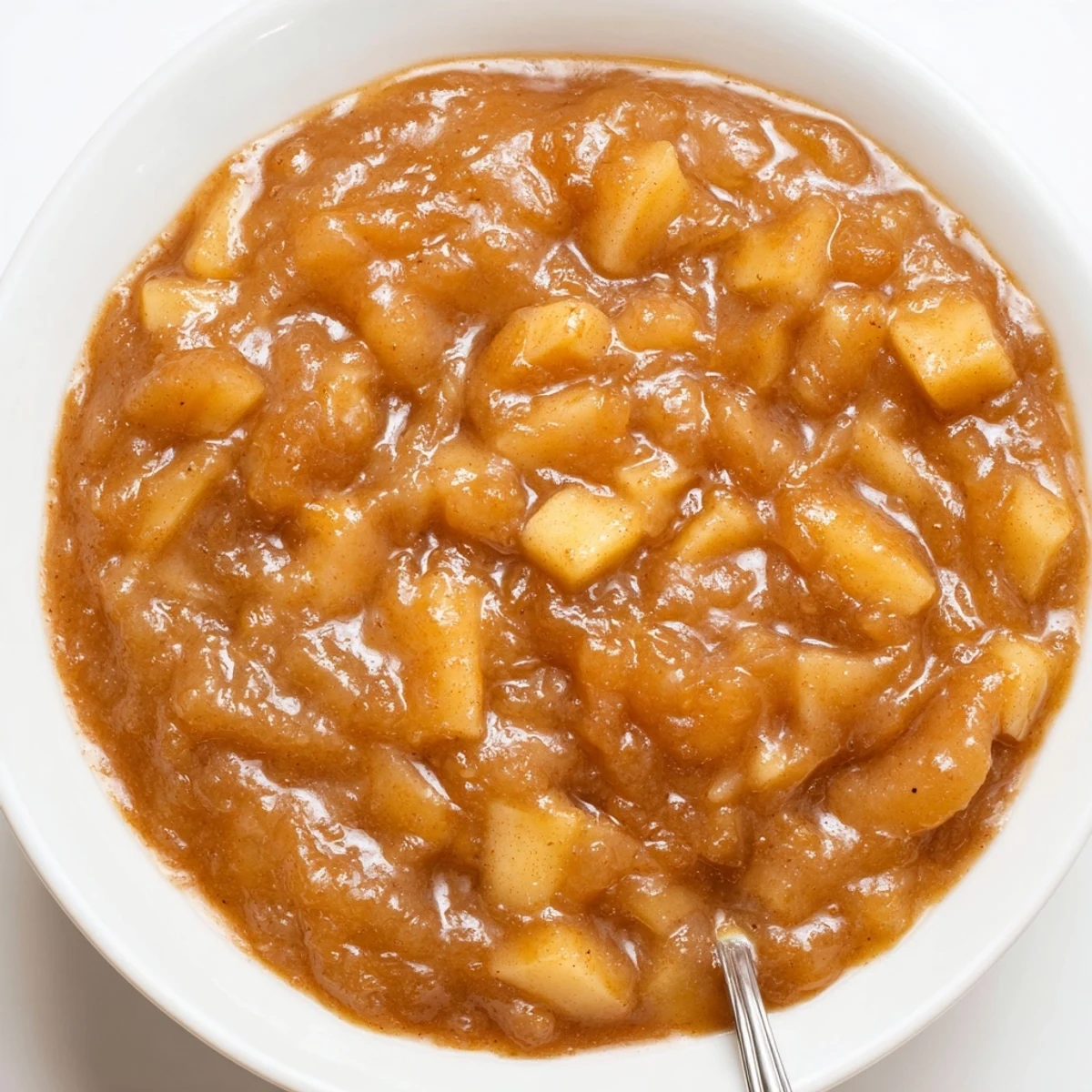 Spoonful of warm Fall Caramel Apple Jam melting into buttered toast