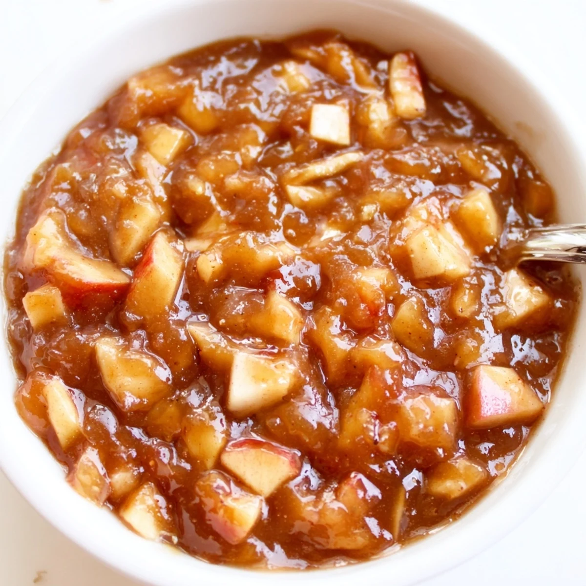 Stovetop pot of simmering Fall Caramel Apple Jam, cinnamon steam rising