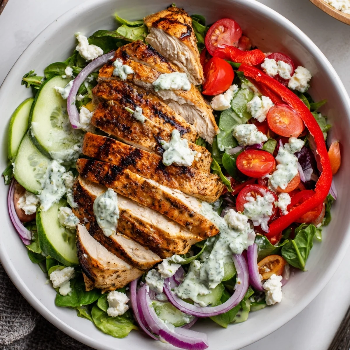 Sliced smoky chicken over crisp mixed greens Grilled Chicken Salad Avocado Herb Dressing Recipe